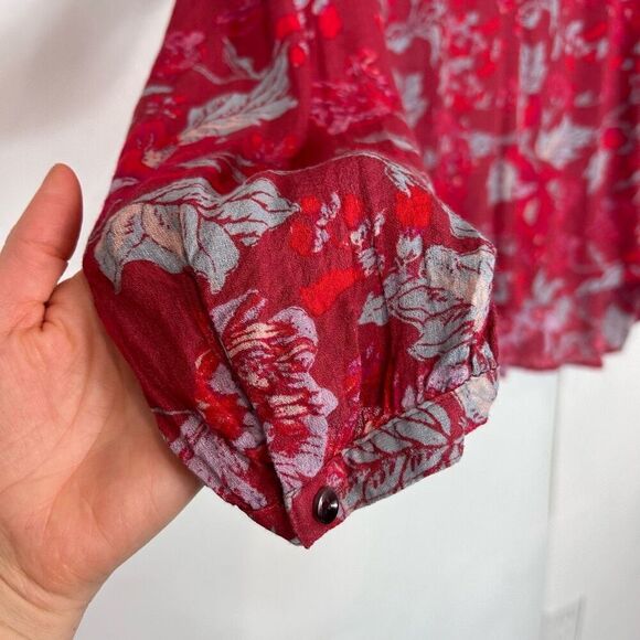 Lucky Brand Blouse Women's XL Red Split Neck Floral Long Sleeve Peasant Top Boho - Picture 5 of 13